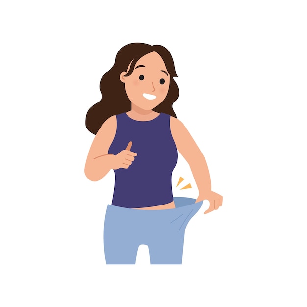 Mujer que se siente feliz debido a una dieta exitosa pantalón suelto como resultado de la pérdida de peso diseño vectorial plano