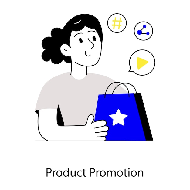 Vector una mujer que sostiene una bolsa azul que dice promoción de productos.