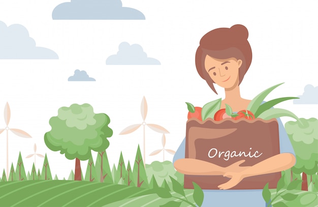 Vector mujer que sostiene el bolso del eco con la ilustración orgánica de las verduras. estilo de vida verde, concepto de comida orgánica de granja.