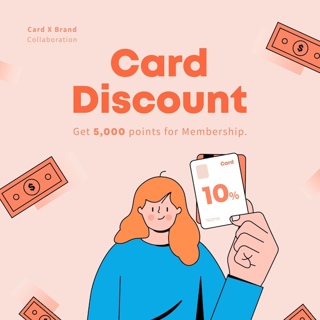 Mujer que sostiene la ilustración de vector de evento de compras de evento de descuento de tarjeta de crédito de tarjeta de crédito