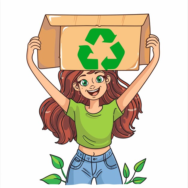 Mujer que sostiene el reciclaje verde y firma sobre su cabeza.