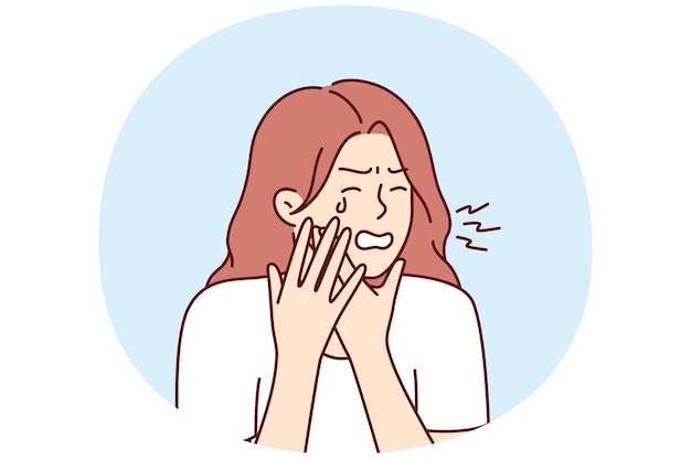 Mujer que sufre de dolor de dientes llorando sosteniendo la mejilla necesita ayuda del dentista de la clínica dental