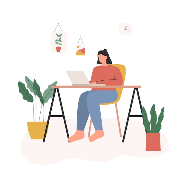 Mujer que trabaja desde casa. Mujer sentada en su escritorio con ordenador portátil y tener una reunión en línea. Personaje independiente trabajando desde casa a un ritmo relajado, lugar de trabajo acogedor. Ilustración plana