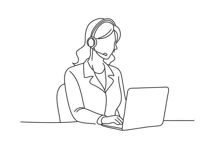 Vector mujer que trabaja en un centro de llamadas diseño de dibujo de línea continua ilustración vectorial gráfica