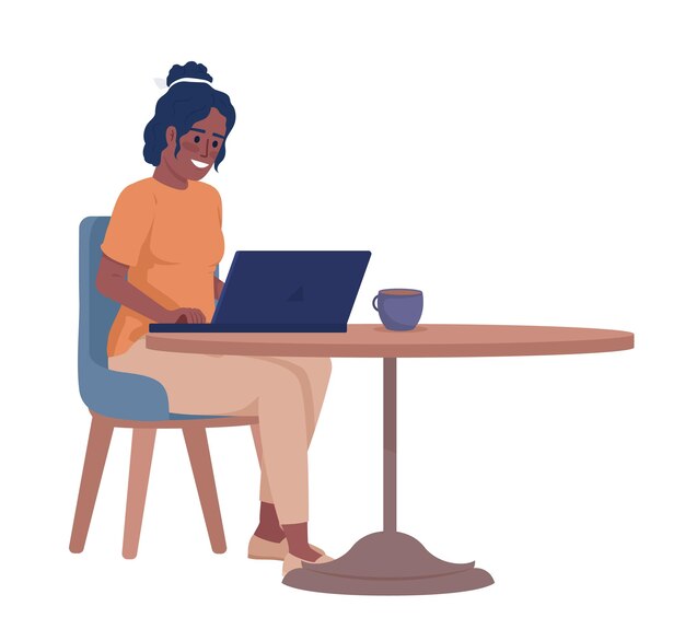 Mujer que trabaja en la computadora portátil y bebe café carácter vectorial de color semiplano