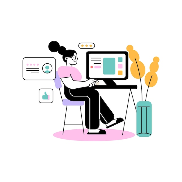 Mujer que trabaja en la computadora portátil en casa Ilustración vectorial en estilo plano