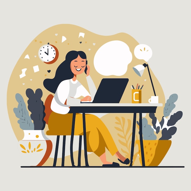 Mujer que trabaja en la computadora portátil desde el concepto de hygge de oficina en casa independiente de casa
