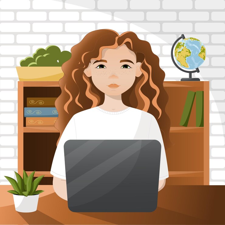 Vector mujer que trabaja en la computadora portátil el maestro que trabaja en la computadora portátil concepto de oficina en casa estudiante o autónomo