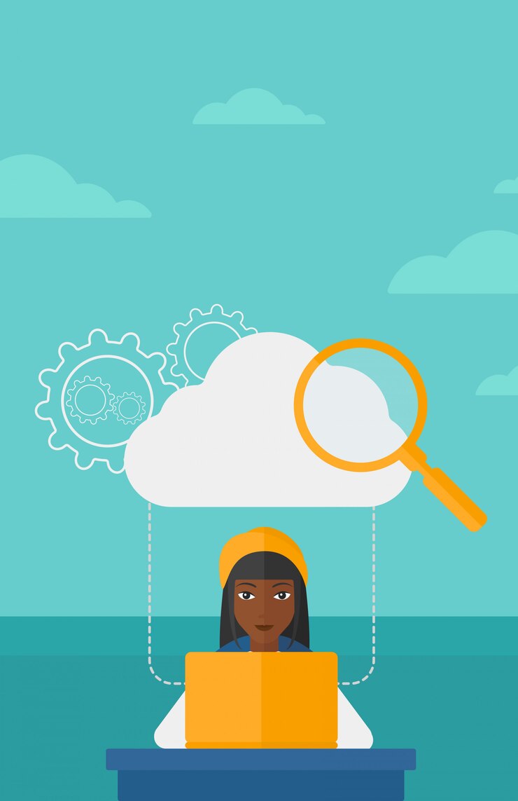 Vector mujer que trabaja en la computadora portátil.
