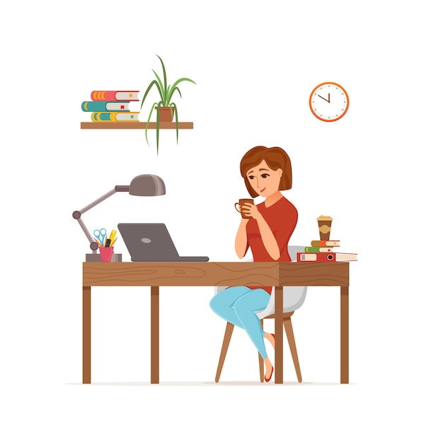 Mujer que trabaja en el concepto de vector colorido de la computadora. Ilustración de estilo plano de dibujos animados de una chica feliz de oficinista sentada en el escritorio con una computadora portátil. Personaje femenino de freelancer, secretaria, empresaria.