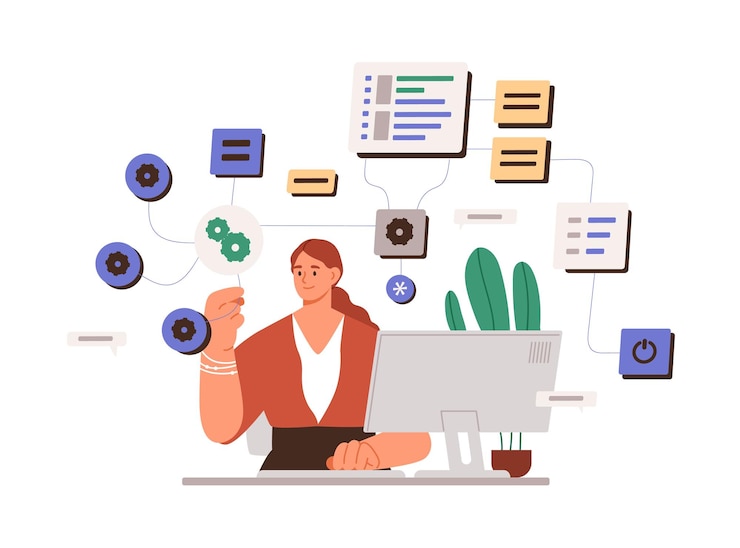 Vector mujer que trabaja con grandes datos e información tecnológica en una laptop. software de configuración del administrador del sistema. codificadora en el trabajo con la computadora. ilustración de vector plano de administrador de sistemas aislado sobre fondo blanco