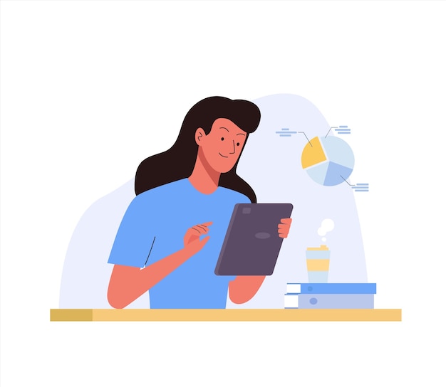 Mujer que trabaja en la oficina con una tableta Lugar de trabajo para el trabajo a distancia Educación teletrabajo