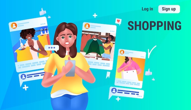 Mujer que usa la aplicación de compras en línea en el gadget digital Oferta especial concepto de red de medios sociales Ilustración de vector de retrato horizontal