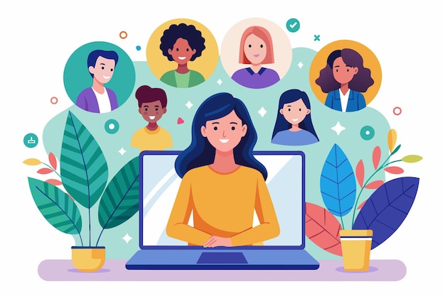 Una mujer que usa una computadora portátil para interactuar con un grupo de personas en línea mujeres que hacen zoom con personas en línea usando una computadora portable Ilustración vectorial plana simple y minimalista