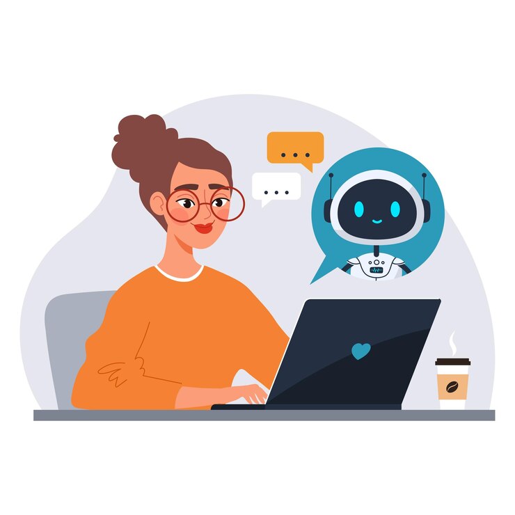 Vector mujer que usa portátil con asistente de chatbot asistente virtual de ia ayuda con la búsqueda y la productividad