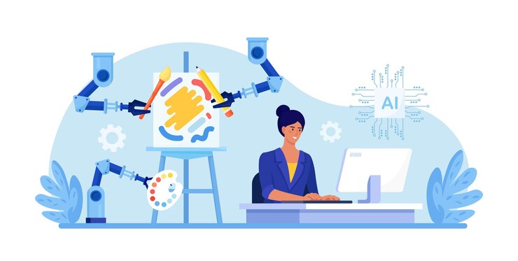 Vector mujer que usa tecnología de arte generada por ia en computadora para crear impresionantes obras de arte obras de arte generadas por inteligencia artificial brazo robótico crea pinturas controladas por algoritmo informático