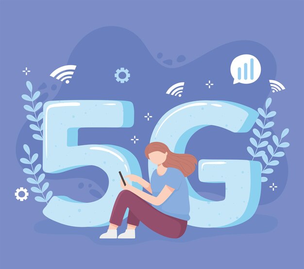 Mujer que usa tecnología de teléfono inteligente conexión inalámbrica ilustración de generación 5G
