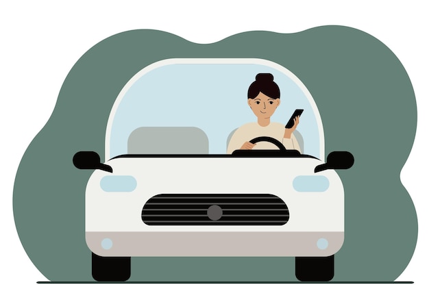 Mujer que usa un teléfono inteligente mientras conduce un automóvil. Peligro de conducción. Ilustración plana vectorial