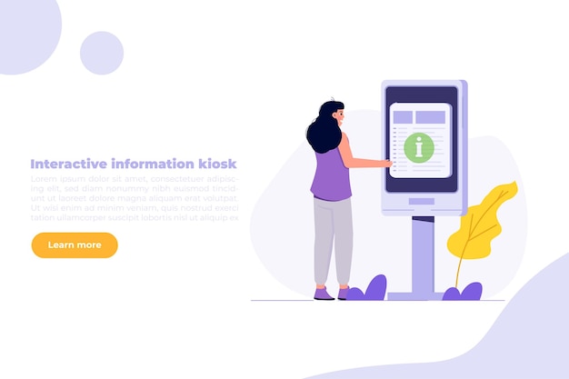 Mujer que utiliza una terminal de autoservicio Concepto de quiosco de información interactivo Ilustración de vector plano para el volante de la página de aterrizaje del sitio web de banner