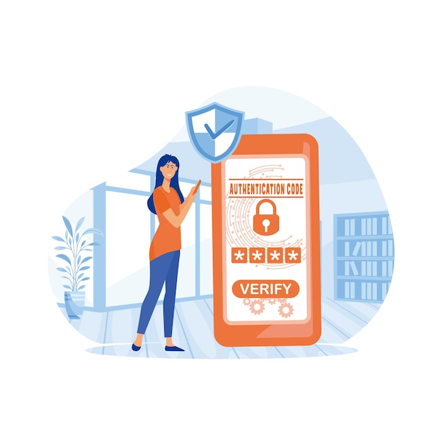 Mujer que utiliza la verificación de contraseña única de OTP de seguridad para la aplicación móvil en la pantalla del teléfono inteligente