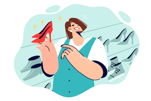Una mujer que vende zapatos en una tienda demuestra zapatos de tacos altos para damas ofreciendo comprar un artículo de vestuario