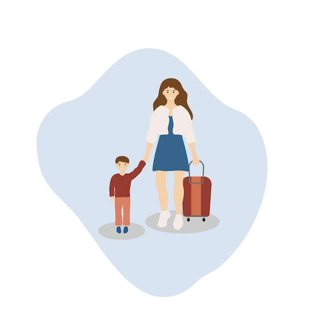 Mujer que viaja con niño y maleta Vector Premium