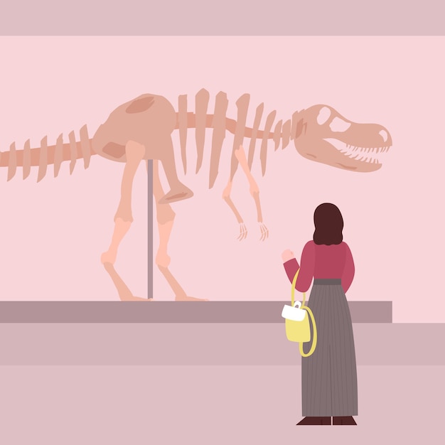 Vector mujer que visita la ilustración de vector de dibujos animados plana de exposición de museo arqueológico
