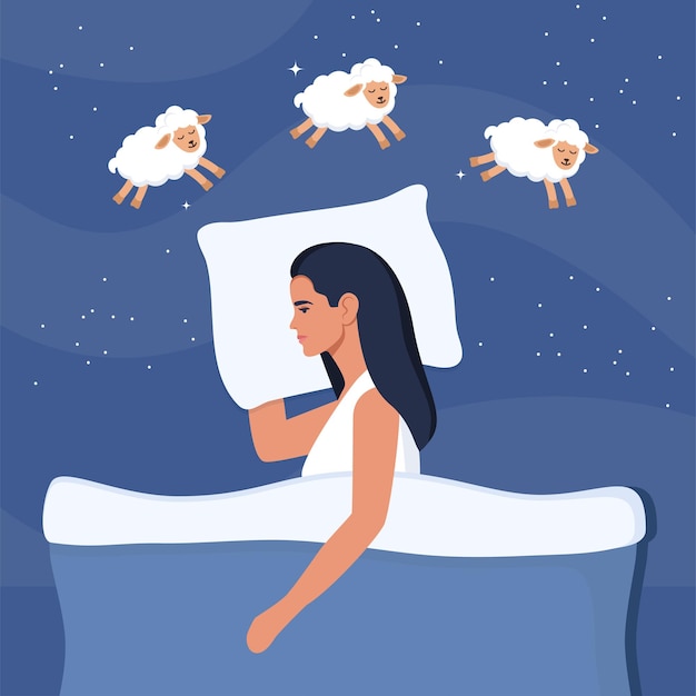 La mujer se queda dormida sueña y cuenta ovejas Insomnio y trastornos del sueño Niña acostada en la cama