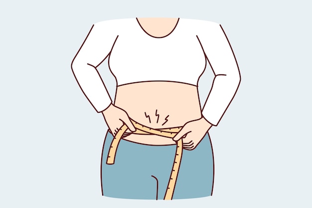 La mujer quiere perder kilos de más mide el tamaño de la cintura para rastrear el resultado del entrenamiento Imagen vectorial