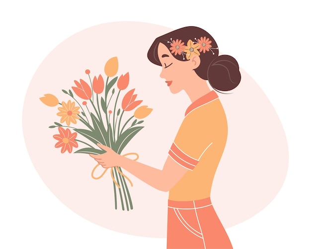 Mujer con un ramo de flores de primavera Día de la Madre o Día de la Mujer concepto Ilustración de vacaciones