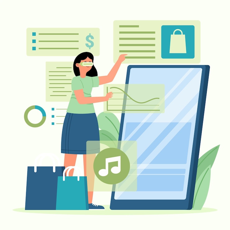 Vector mujer con realidad aumentada en teléfonos