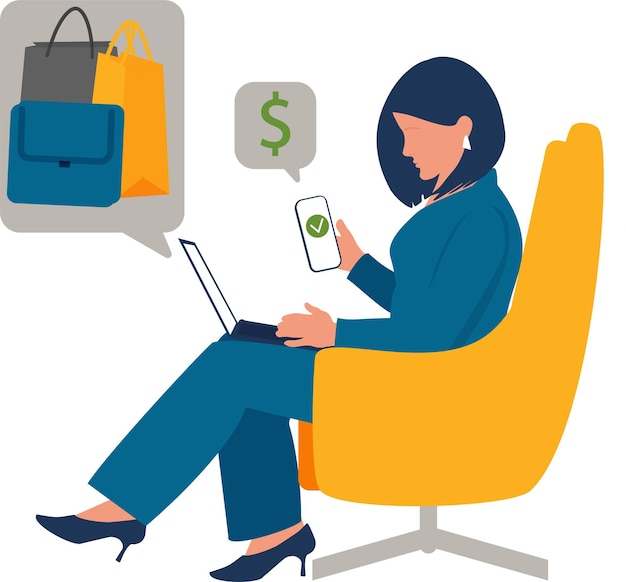 La mujer realiza compras en una tienda en línea y paga un pedido a través de un sistema de pago en red
