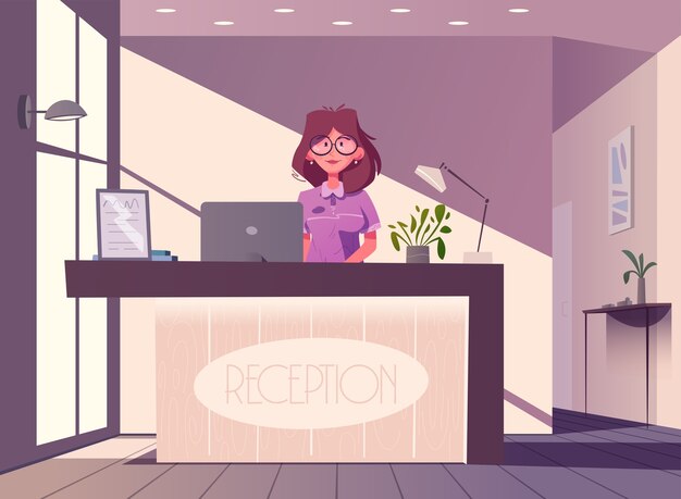 Mujer recepcionista personaje de pie y sonriendo