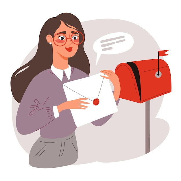 Mujer recibiendo cartas y comprobando el buzón de correos enviando correo y entrega de correspondencia postal recibiendo