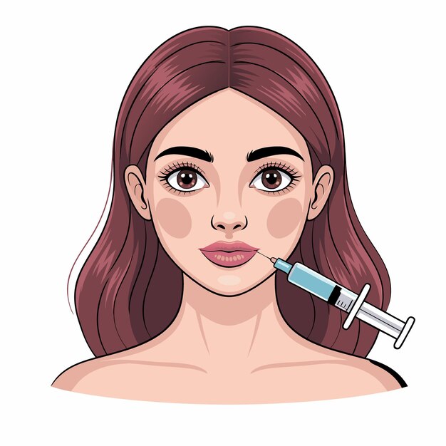 Mujer recibiendo una inyección de relleno labial en un estilo de dibujos animados retro