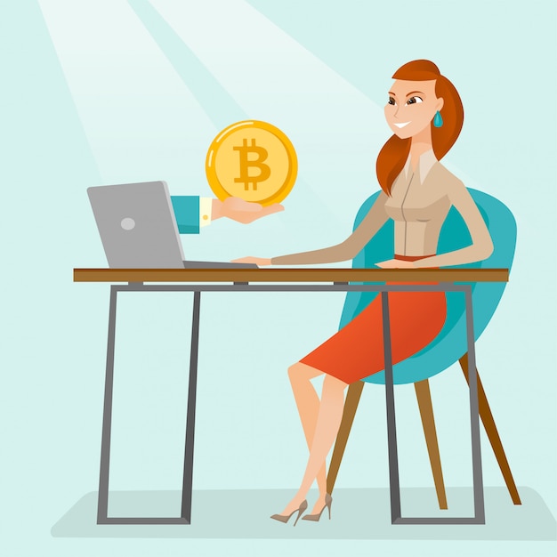 Mujer recibiendo monedas bitcoin del comercio de bitcoins.