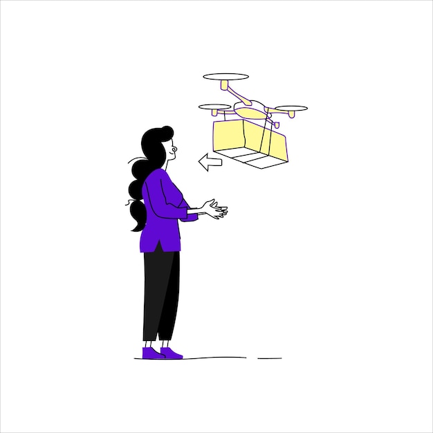 Mujer recibiendo un paquete entregado por un avión no tripulado