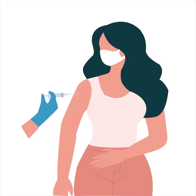 Mujer recibiendo la vacunación en su cuerpo ilustración minimalista de diseño vectorial plano dibujada a mano
