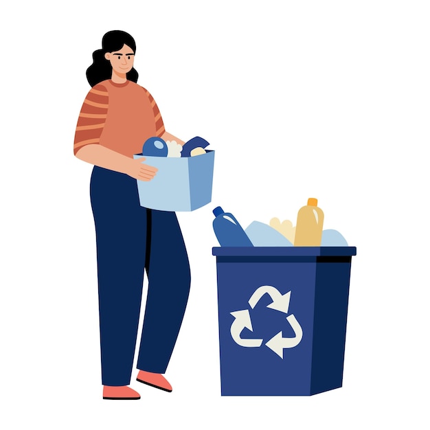 Mujer reciclando botellas de plástico en un contenedor azul