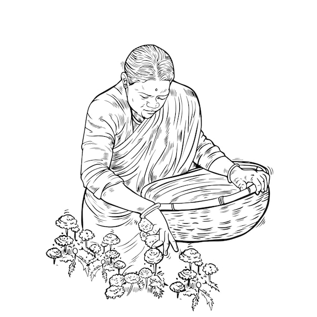 la mujer recogió flores en el bosquejo e ilustración de la granja
