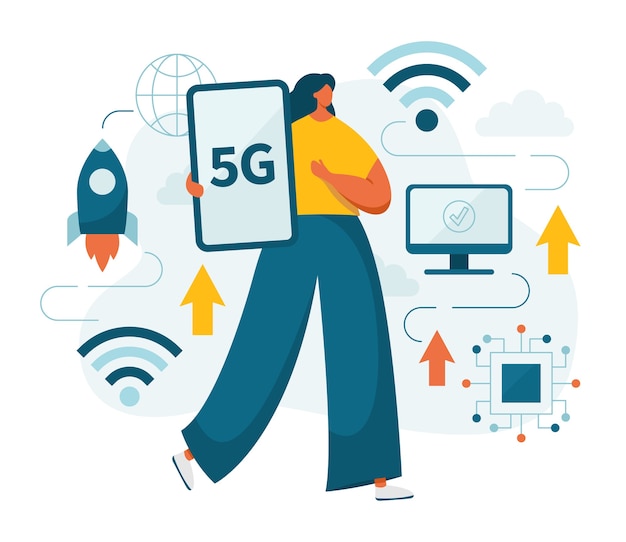 Vector mujer y red 5g de telecomunicaciones de quinta generación con dispositivos móviles, teléfonos inteligentes, computadoras