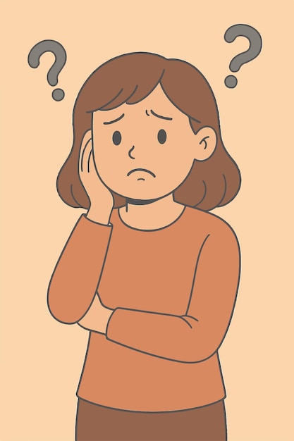Una mujer reflexionando con signos de interrogación