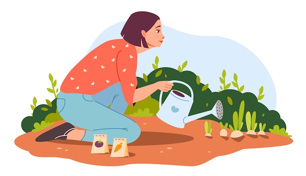 Vector una mujer con una regadera una mujer en el jardín está regando plantas jardinería orgánica