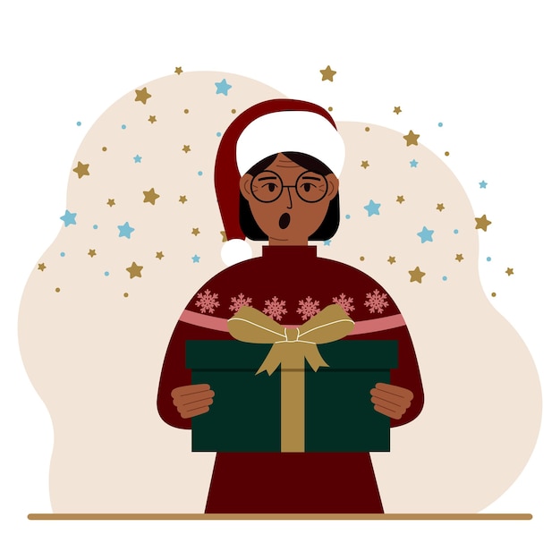 Vector una mujer con un regalo de año nuevo concepto de preparación para navidad año nuevo recibiendo un regalo venta de navidad o papá noel secreto