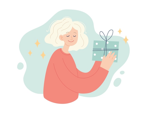 Mujer con regalo de Navidad Concepto de invierno festivo Ilustración vectorial de estilo simple