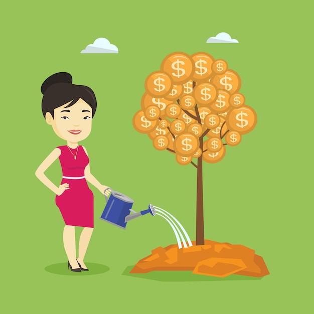 Mujer regando el árbol del dinero.