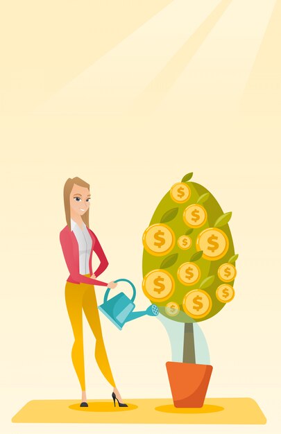 Mujer regando el árbol del dinero.