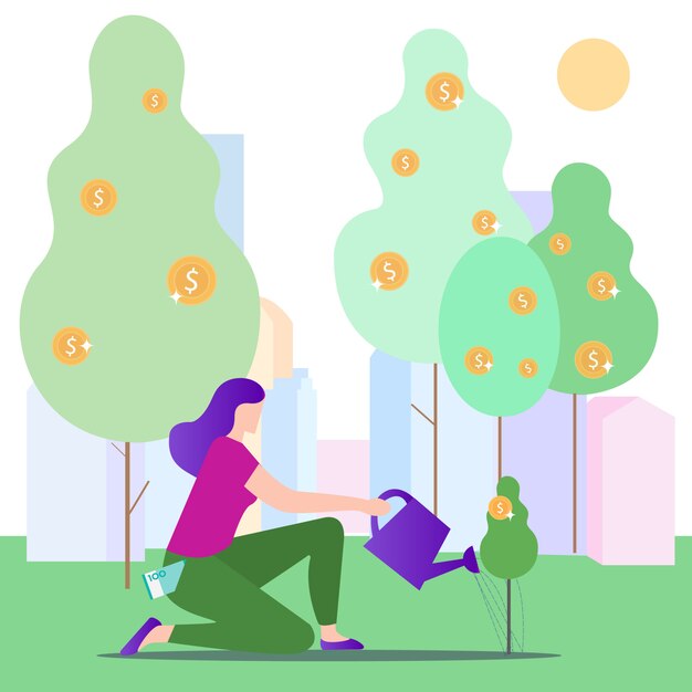 Mujer regando el árbol en el parque. Ilustración.