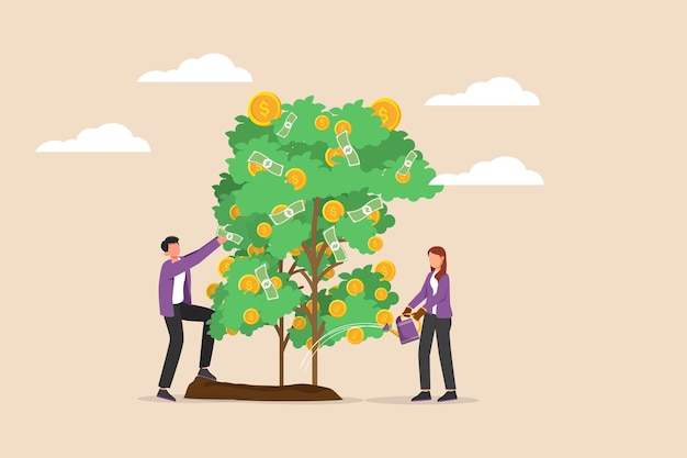 Vector mujer regando el árbol con símbolos de monedas de dólar y su amiga toma la moneda de dólar del árbol del dinero concepto de gestión de la riqueza ilustración de vector gráfico plano coloreado aislado