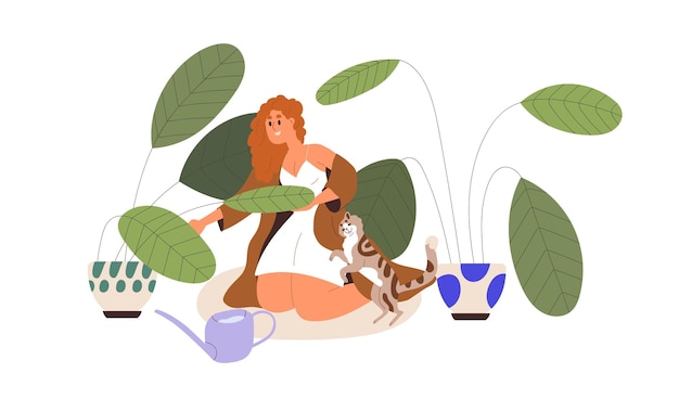 Mujer regando, cuidando las plantas en macetas en el jardín de su casa. Chica joven feliz con gato y plantas de interior. Follaje de persona y casa en jardineras. Ilustración de vector plano aislado sobre fondo blanco
